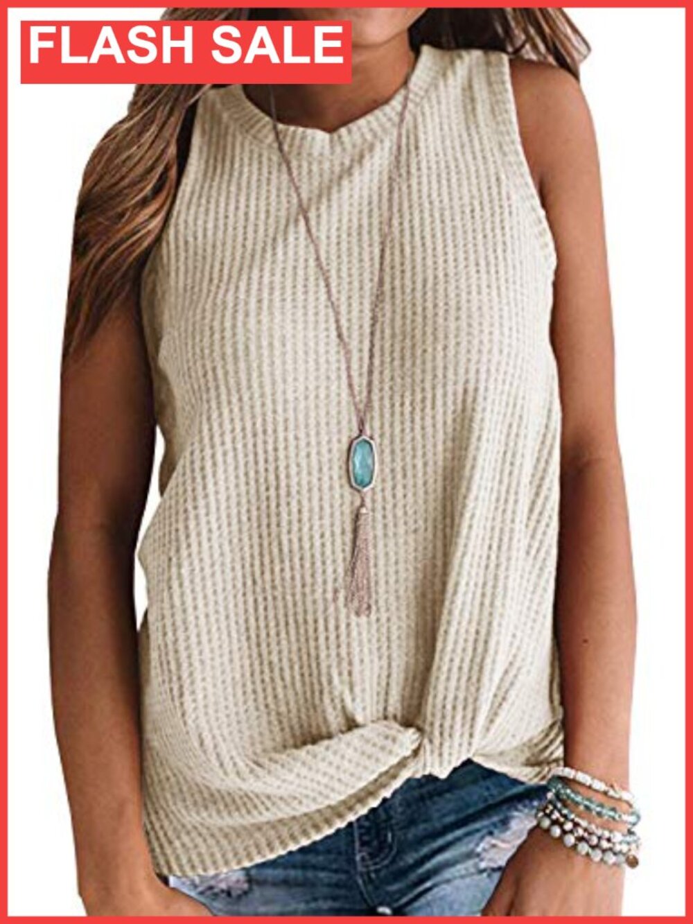 Womens Waffle Knit Twist Knot Tank Top Loose Sleeveless Summer Beach Top